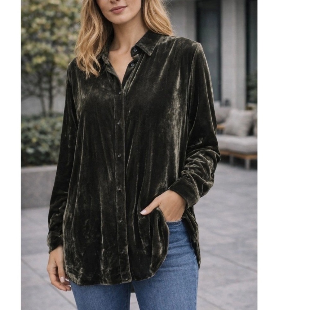 Eileen Fisher Silk Blend Velvet Long Sleeve Tunic Top Gray M Quiet Luxury